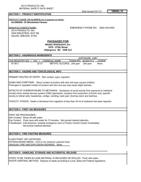 MSDS Klondike -35 Windshield Cleaner - CBS Parts Ltd.