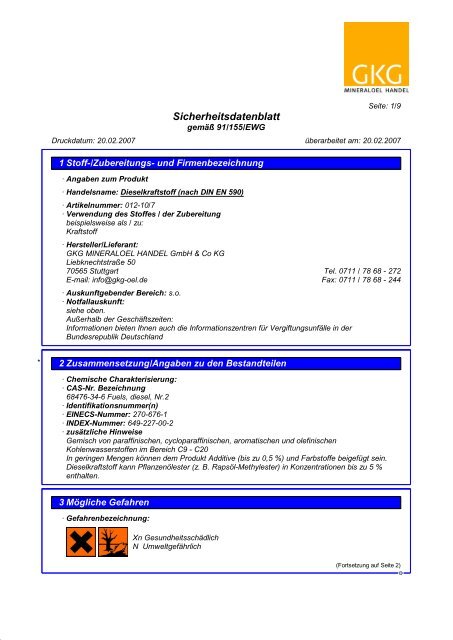 Sicherheitsdatenblatt - GKG MINERALOEL HANDEL GMBH & CO KG