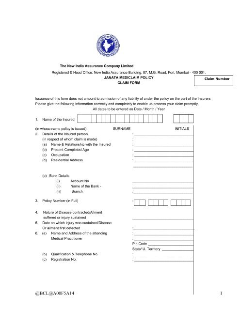 Claim Form - The New India Assurance Co. Ltd.