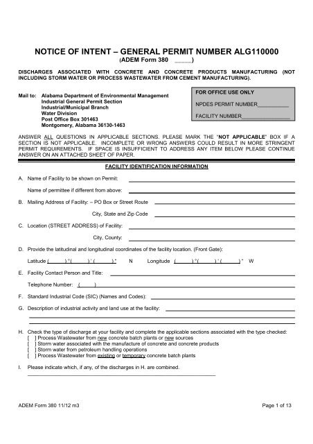 General Permit Application Package - NOI-11 - Alabama ...