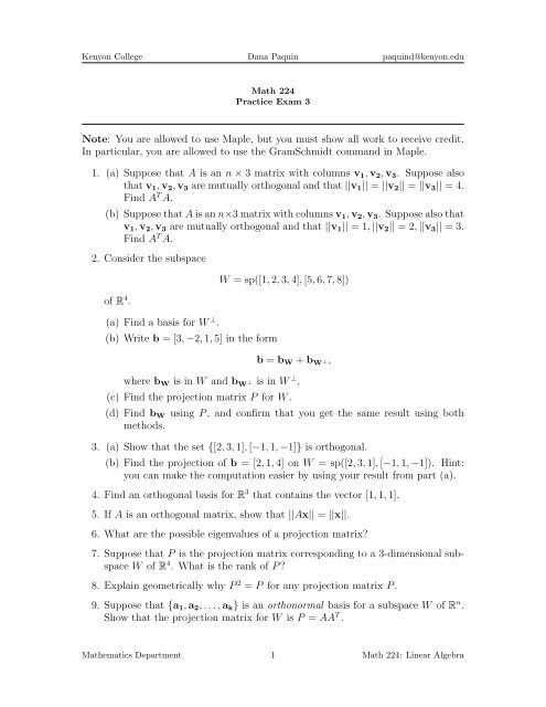 Practice Exam For Exam 3 Kenyon College