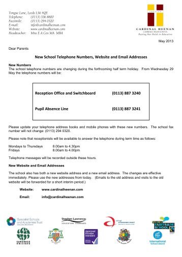 Letter re New Contact Details for School May 2013 - Cardinal ...