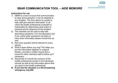 SBAR aide memoire communication tool for Care Homes