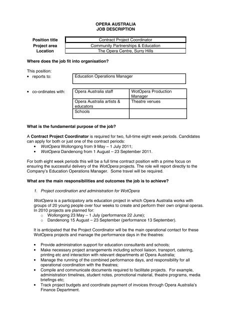 OPERA AUSTRALIA JOB DESCRIPTION Position title Contract ...
