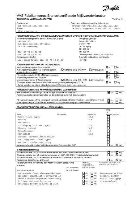 VVS-Fabrikanternas Branschcertifierade MiljÃ¶varudeklaration