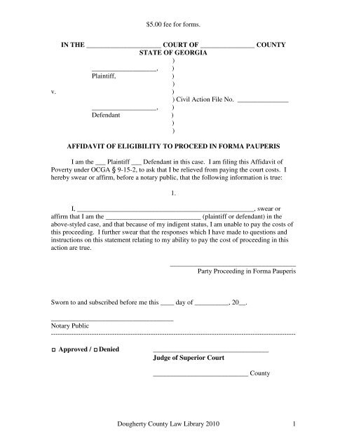 Pauper S Affidavit Filing Fee Waiver City Of Albany Georgia