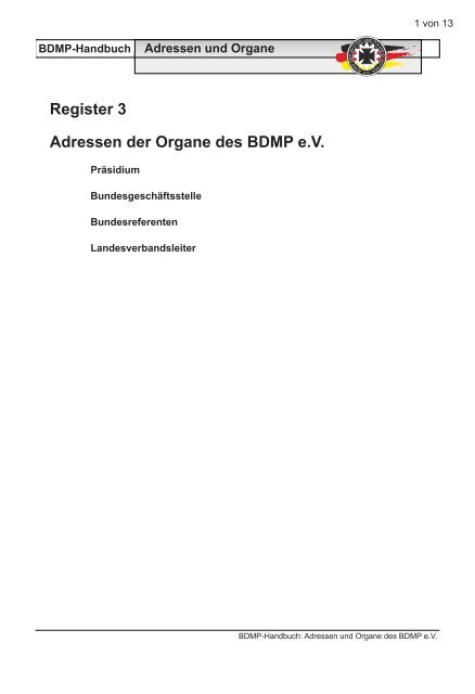 Register 3 Adressen der Organe des BDMP e.V.