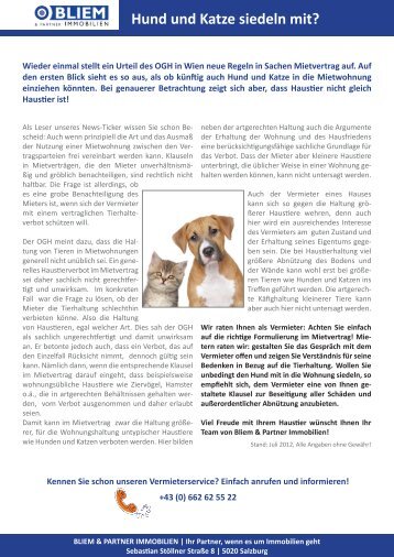 Hund und Katze siedeln mit? - Bliem & Partner Immobilien GmbH