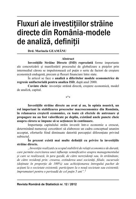 fluxuri ale investiÅ£iilor strÄine directe din romÃ¢nia-modele de analizÄ ...