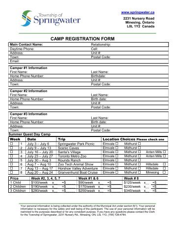 CAMP REGISTRATION FORM - Township of Springwater