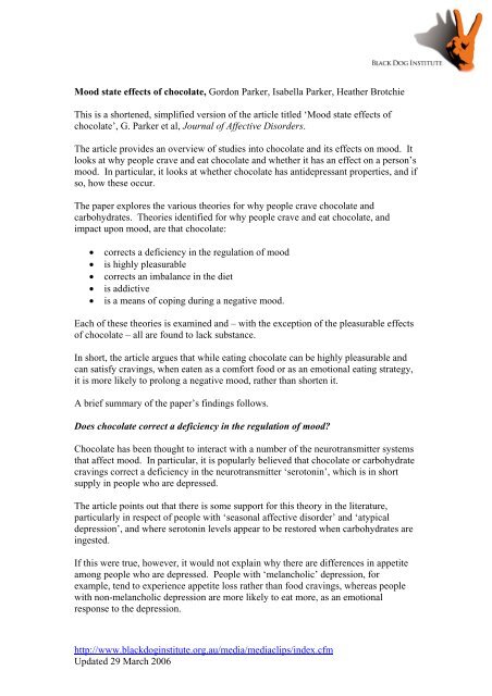 Mood State Effects of Chocolate - Black Dog Institute Mood State Effects of Chocolate - Black Dog Institute