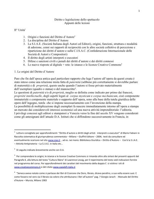 Diritto e legislazione dello spettacolo Appunti delle lezioni IIÂ° UnitÃ 1  ...