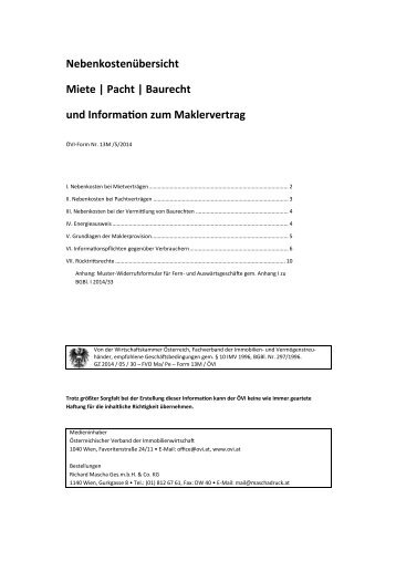 Nebenkostenübersicht Miete | Pacht | Baurecht und Information zum Maklervertrag