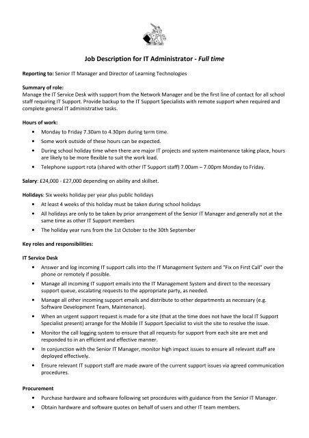 Job Description For It Administrator Full Time Eteach