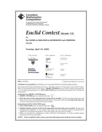 Euclid Contest 2000 - CEMC - University of Waterloo