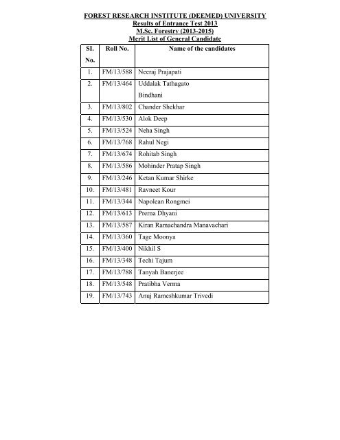 M.Sc. Online Entrance Test Result 2013 of FRI (Deemed) University