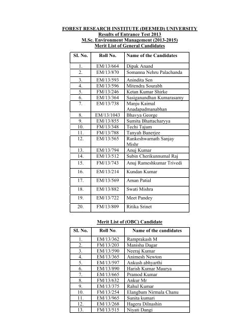 M.Sc. Online Entrance Test Result 2013 of FRI (Deemed) University