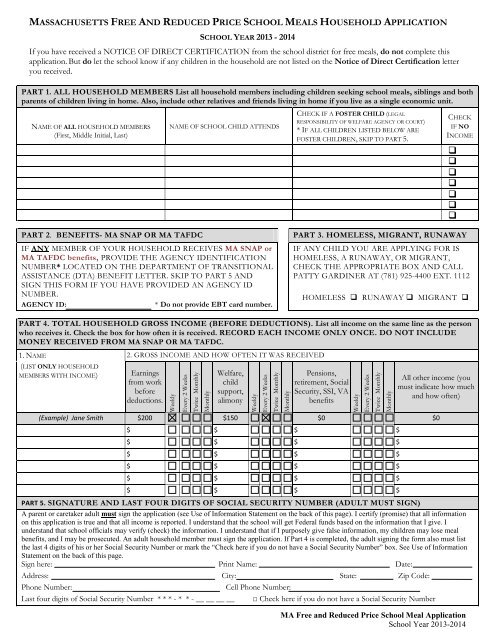 2013-2014 Free and Reduced Lunch Application - Town of Hull