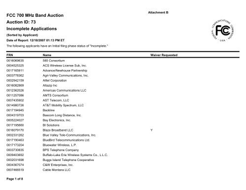 FCC 700 MHz Band Auction Auction ID: 73 ... - VentureBeat