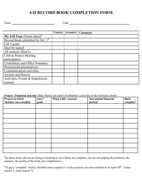 4 H RECORD BOOK COMPLETION FORM Yellowstone County