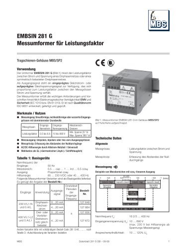 EMBSIN 281 G Messumformer für Leistungsfaktor - Mbs-ag.com