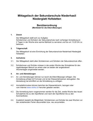 Mittagstisch der Sekundarschule Niederhasli Niederglatt Hofstetten