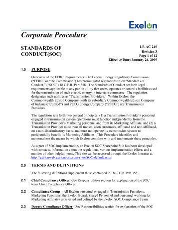 Exelon's Procedures on the FERC Standards of Conduct for ComEd