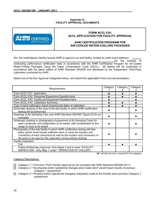 FORM ACCL-FA1 ACCL APPLICATION FOR FACILITY ... - AHRI