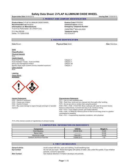 Safety Data Sheet Z Flap Aluminum Oxide Wheel