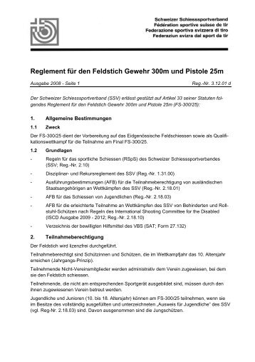 Reglement für den Feldstich - Schweizer Schiesssportverband