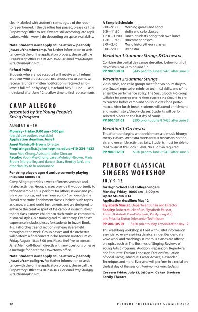 Summer 2012 Catalog - Peabody Institute - Johns Hopkins University