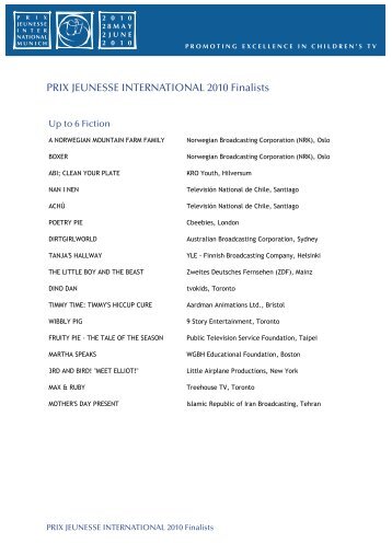 PRIX JEUNESSE INTERNATIONAL 2010 Finalists