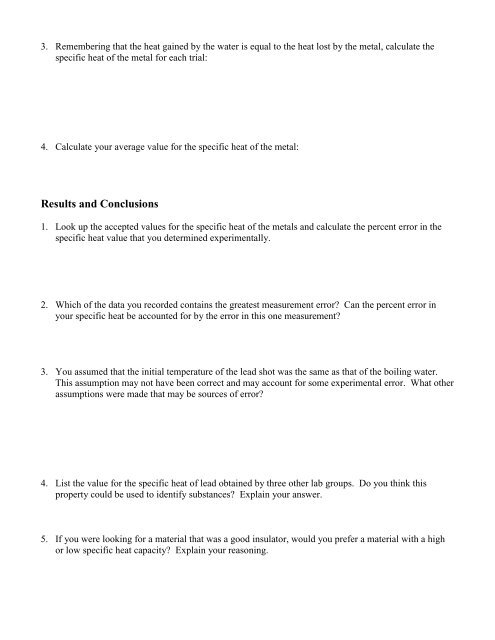 Specific Heat PreLab - Honors Chemistry