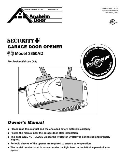 Garage Door Opener Model 3850ad Owner S, Garage Door Opener Installation Instructions