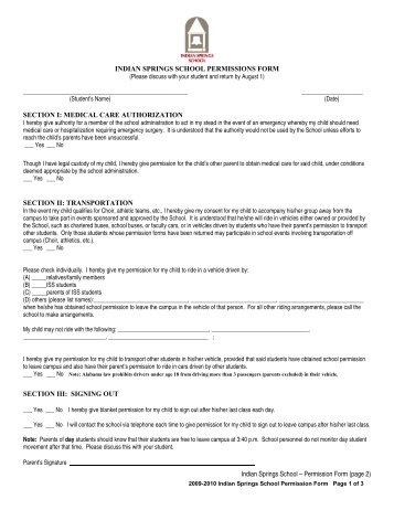 indian springs school permissions form section i: medical care ...