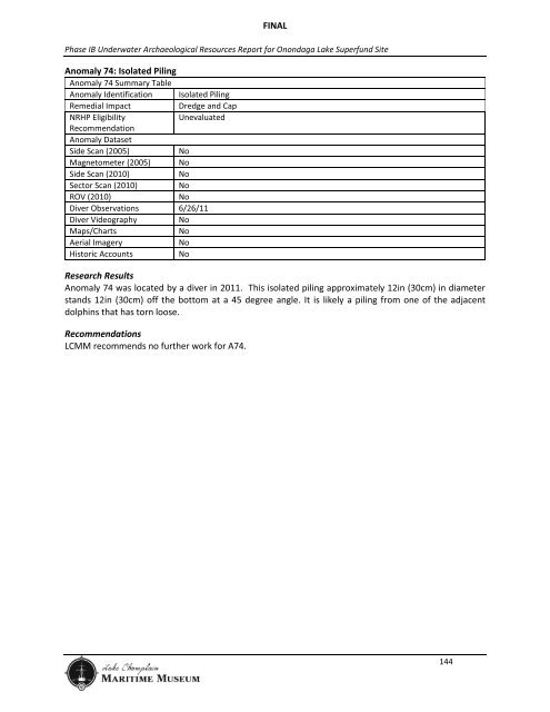 Phase 1B Underwater Archaeological Report for the Onondaga ...