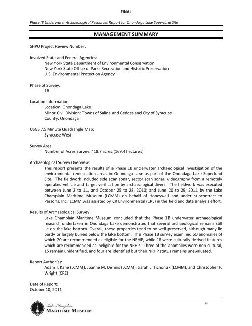 Phase 1B Underwater Archaeological Report for the Onondaga ...