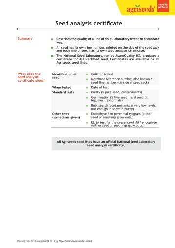 Seed analysis certificate - Agriseeds Pasture Site