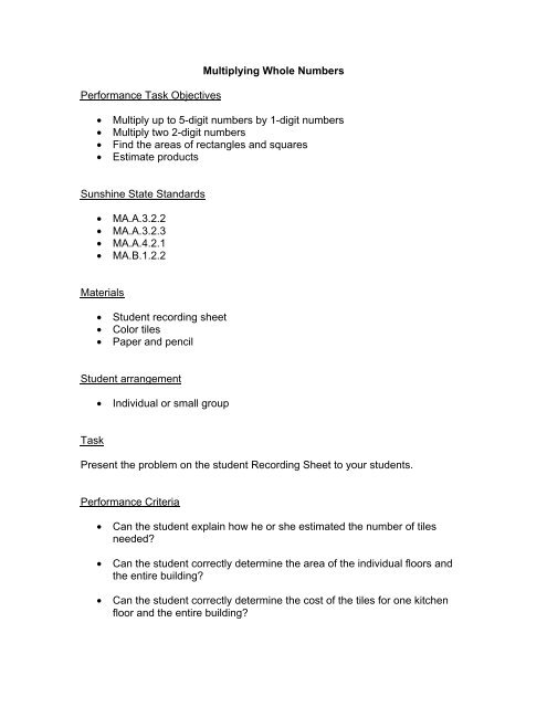 Multiplying Whole Numbers Performance Task Objectives A A A Multiply
