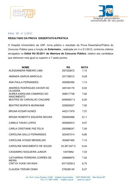 Edital HU nÃ‚Âº 2/2012 RESULTADO DA PROVA DISSERTATIVA ...