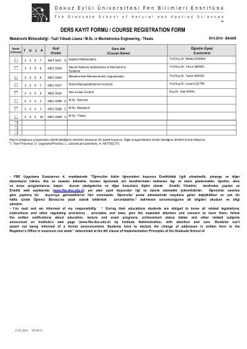 ders kayıt formu / course regıstratıon form