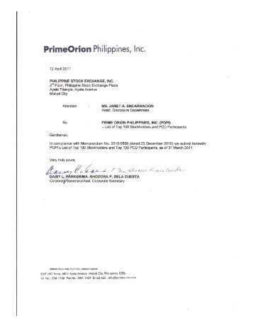 For the Quarter ended 31 March 2011 - Prime Orion Philippines, Inc.