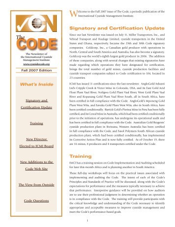 Fall 2007 Newsletter - International Cyanide Management Code