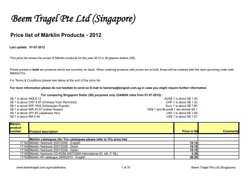 Price list of Märklin Products - Beem Tragel