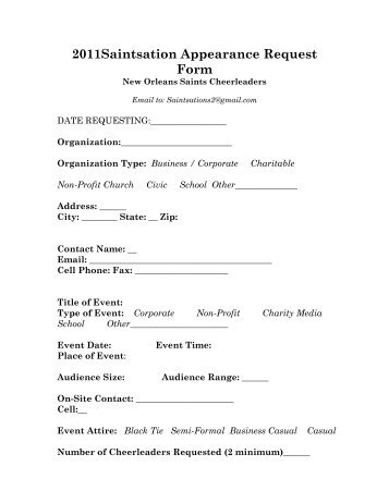 2009 Saintsation Appearance Request Form - Saintsations