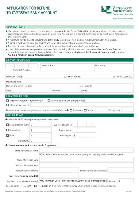 Application For Refund To Overseas Bank Account University Of