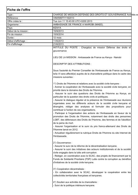 Fiche de l'offre - Ambassade de France au Kenya