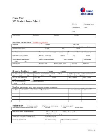 Claim form STS Student Travel School - Ayusa