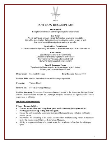 POSITION DESCRIPTION - Vintage Hotels