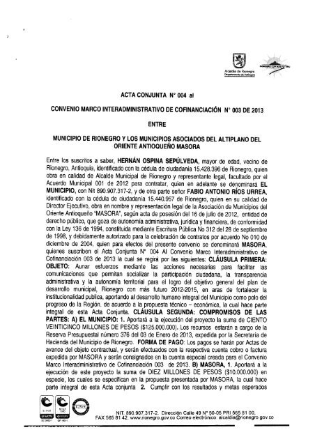 Acta conjunta No 004 al convenio marco interadministrativo de ...